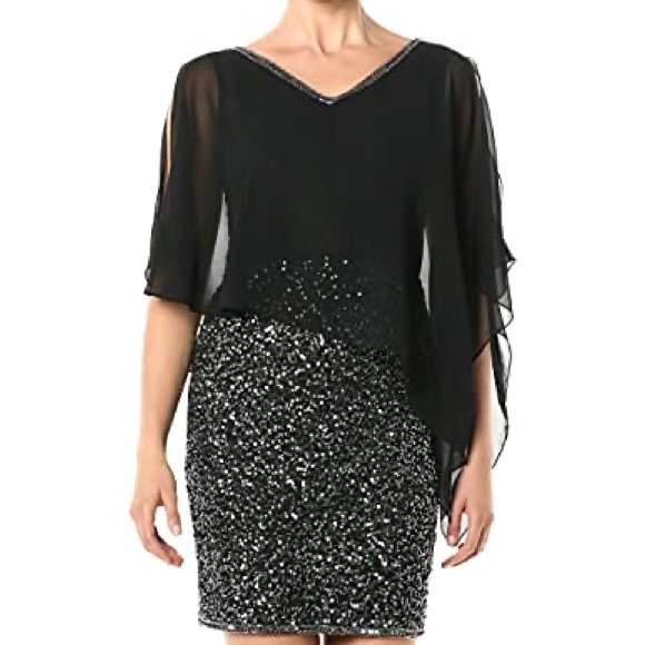 JKARA Black Asymmetrical Sequin Cocktail Evening Dress Size 10 - Picture 10 of 11